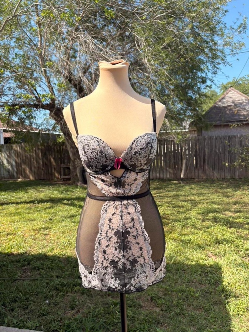 Victoria's Secret Black Chemise with Cream Lace & Pink Bow